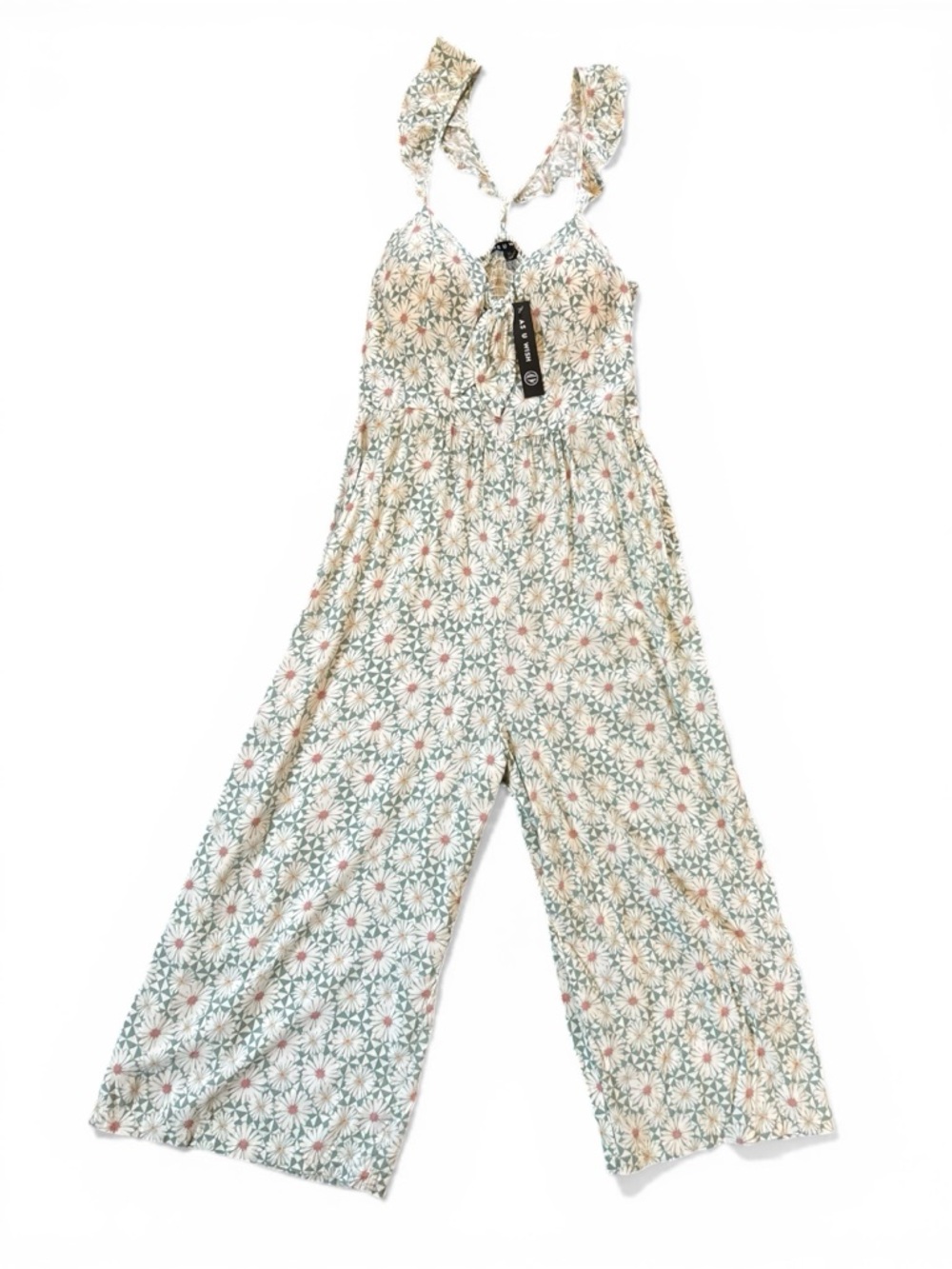 As U Wish Floral Wide Leg Jumpsuit XL Pockets Gauze Back Built-In Bra NWT Boho
